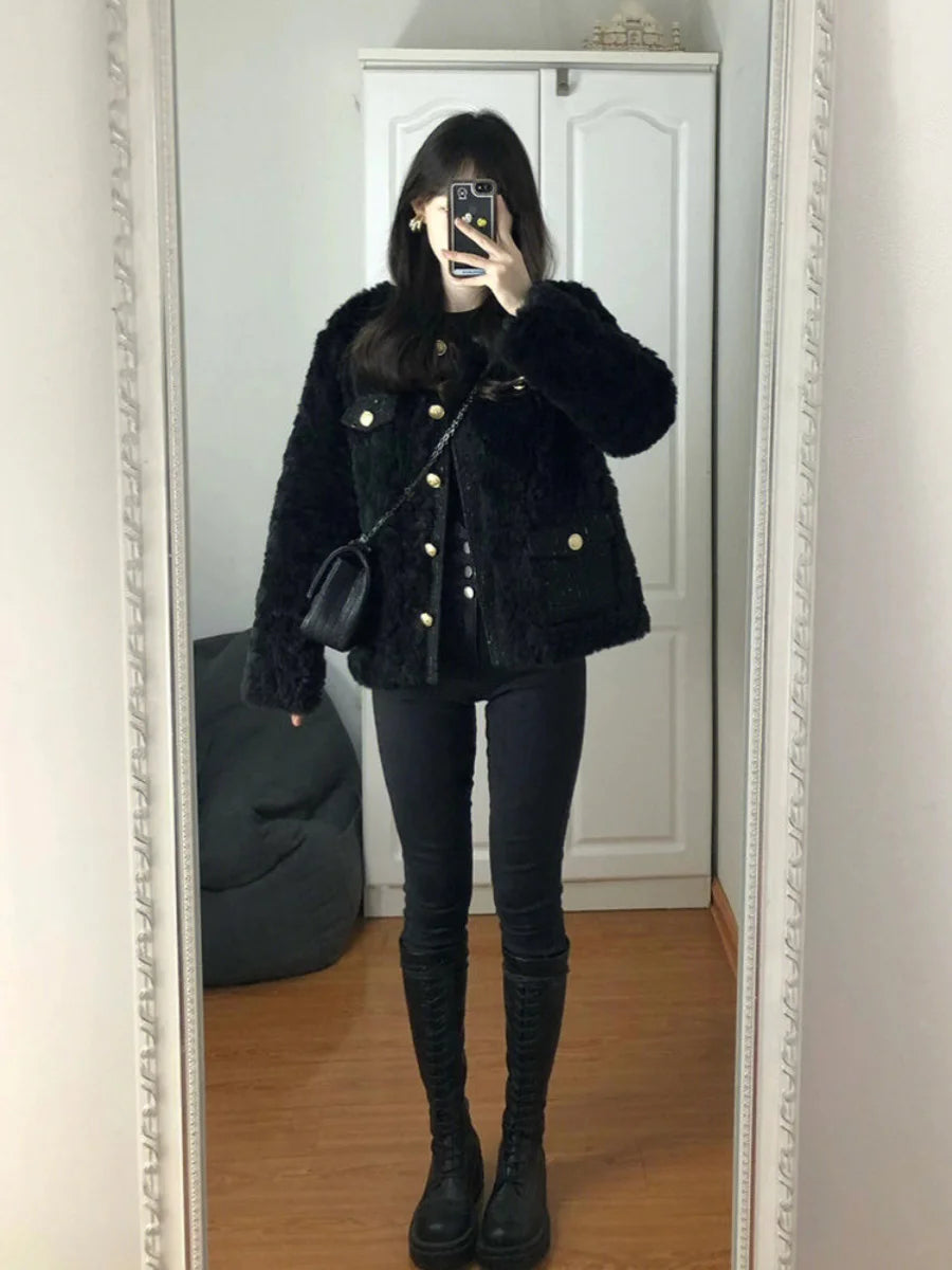 Bla Lamb Fur Jaet Women's 2025 New Winter Korean Sle Petite Ele Lady Cotton Clothes Button Thiened Long Sve