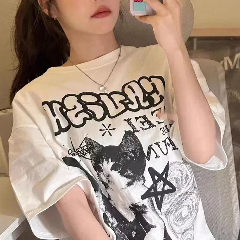 American Cat Rock Guitar Graphic Short Sleeve T-Shirt Loose Korean Fashion Oversized Women's Summer Clothes Y2k Streetwear