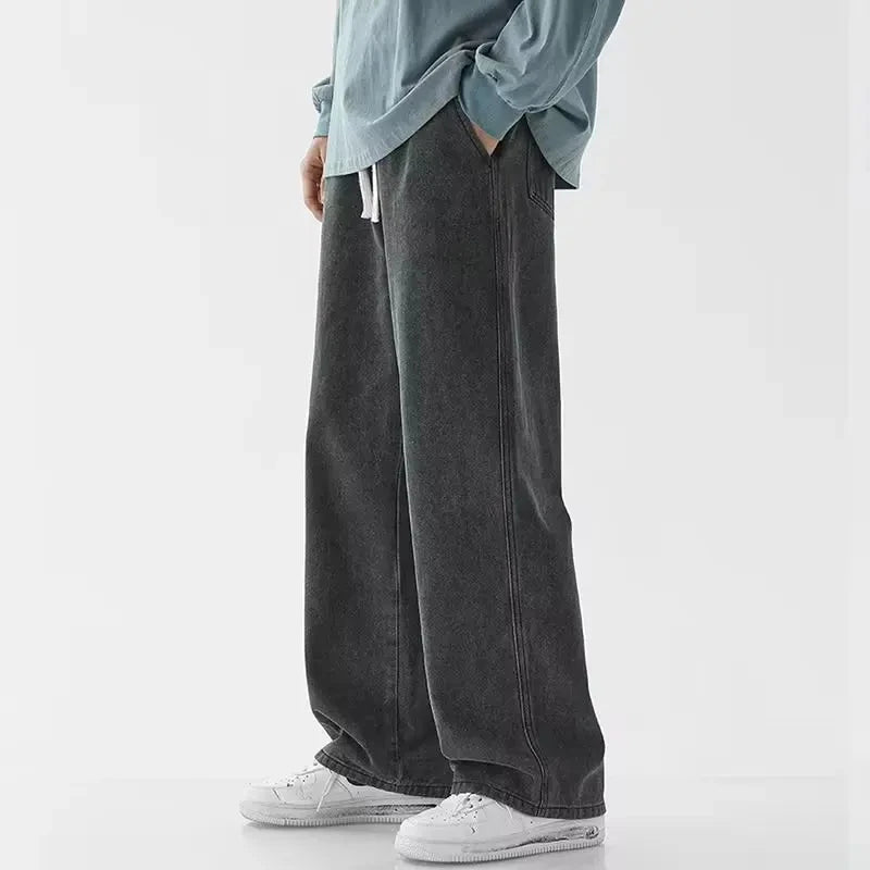 Korean casual solid color versatile men's classic long pants all season straight leg denim wide leg pants light blue gray black