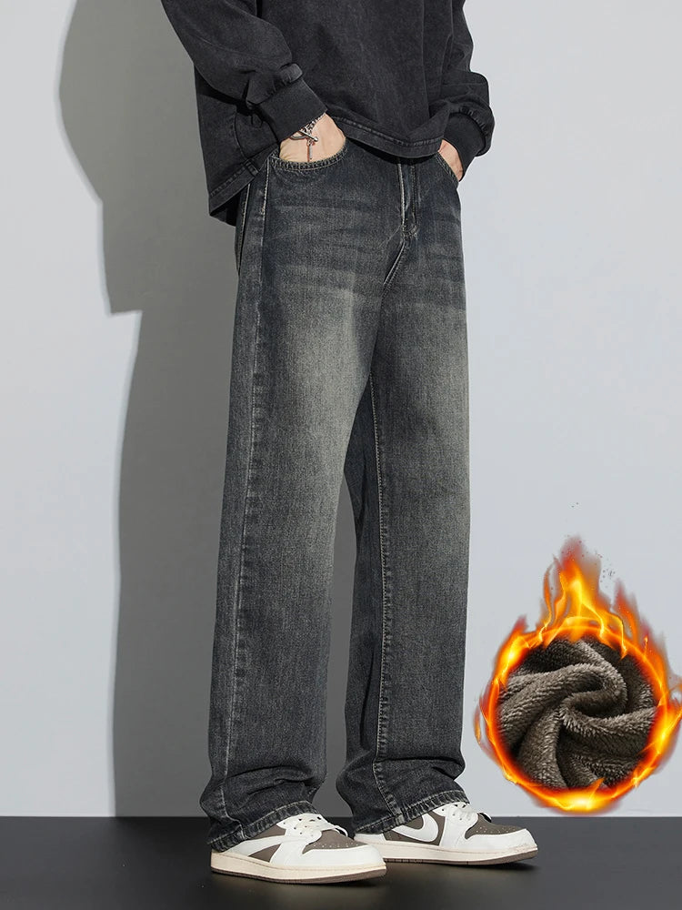 Korean Wide Legs Fleece Jeans Men's Winter Warm Thickened Velvet Loose Straight Casual Denim Pants Korean Fashion Trousers