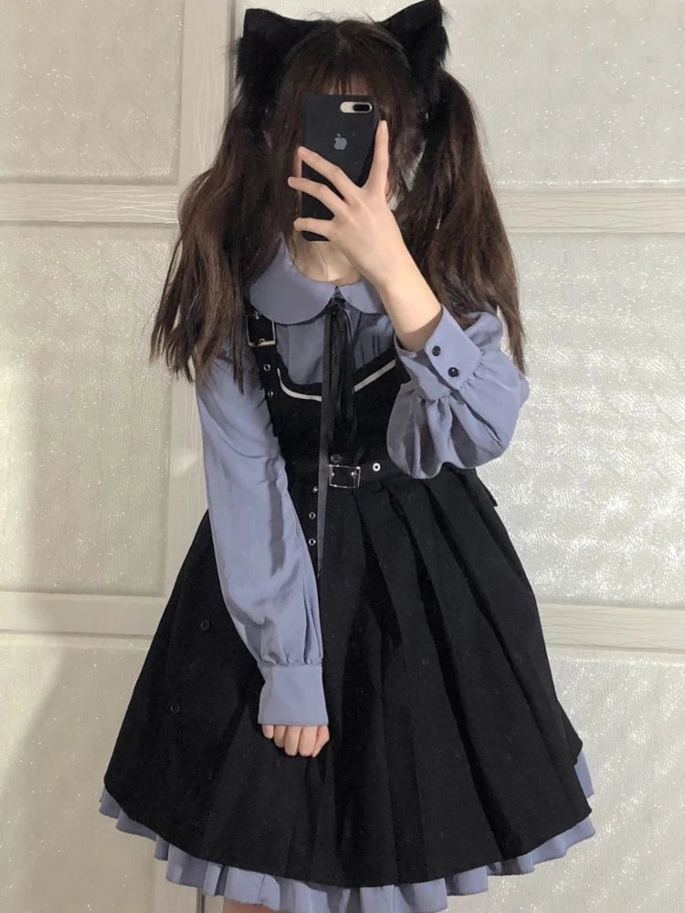 Dress Sets Women Long Sleeve High Waist Patchwork Spring A-line Korean Style Lovely All-match Design Aesthetic Clothes Y2k Chic