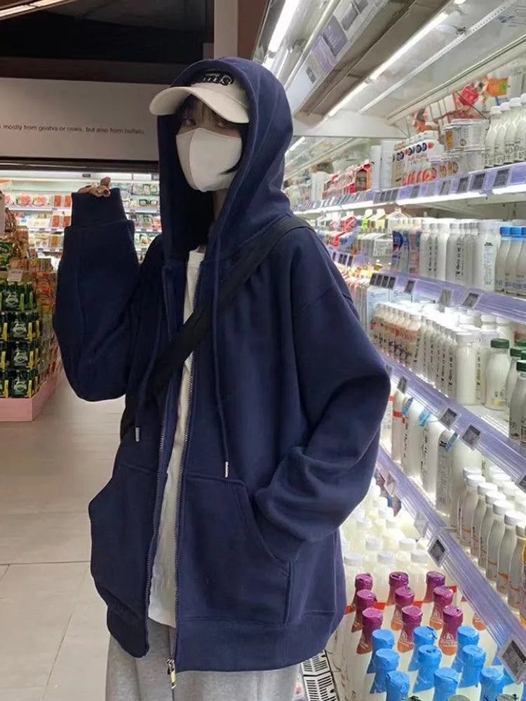 Oversize Women's Sweatshirts Autumn Casual Korean Long Sleeve Hooded Zip-up Y2k Hoodies Streetwear Harajuku Female Clothes Black