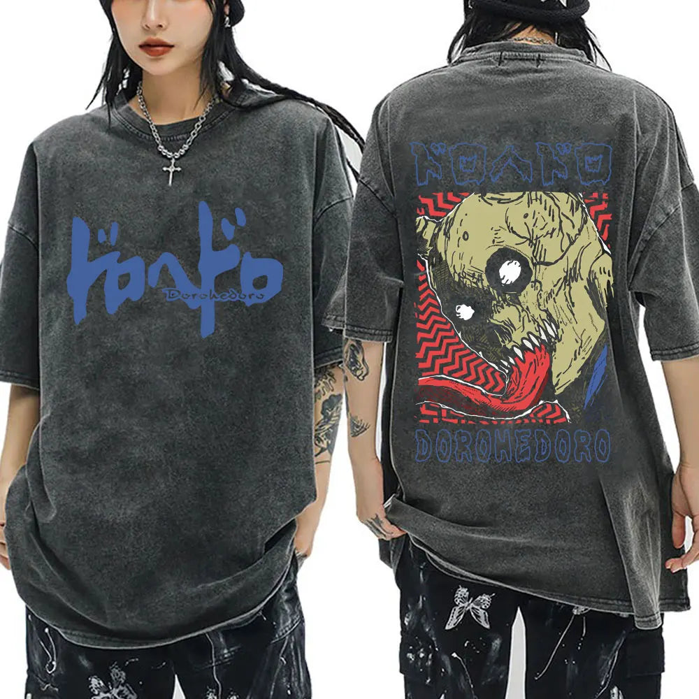 Japanese Anime Dorohedoro Kaiman Vintage Washed T-shirt Men Women Cool Manga Graphic T-shirts Gothic Horror Tee Shirt Oversized