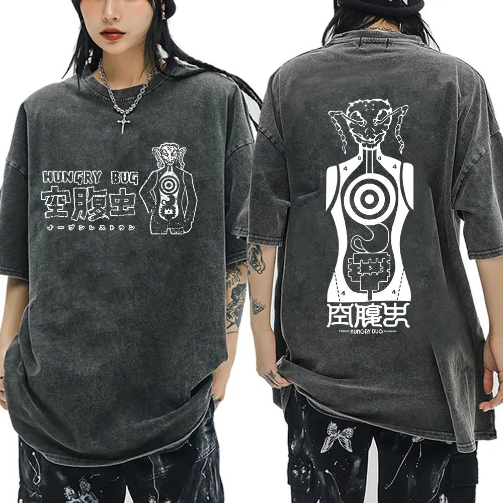 Japanese Anime Dorohedoro Kaiman Vintage Washed T-shirt Men Women Cool Manga Graphic T-shirts Gothic Horror Tee Shirt Oversized