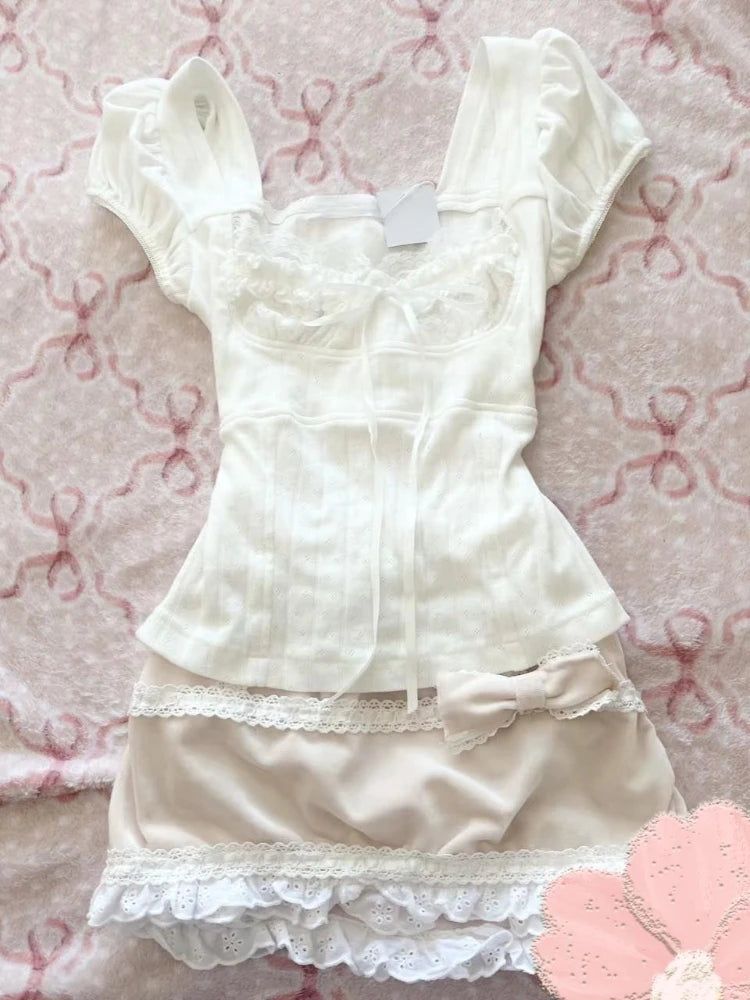 2025 Ropa Mujer T-Shirts Women Clothes Short Sleeve Lace O-neck Sweet Tees Fashion Casual Summer Tshirt Korean Camisetas Kawaii