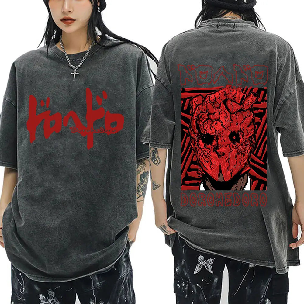 Japanese Anime Dorohedoro Kaiman Vintage Washed T-shirt Men Women Cool Manga Graphic T-shirts Gothic Horror Tee Shirt Oversized