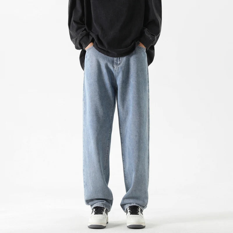 Korean Solid Colors Men's Casual Long Jeans Classic Man Four Seasons Straight Denim Wide-leg Pants Light Blue Grey Black 3XL
