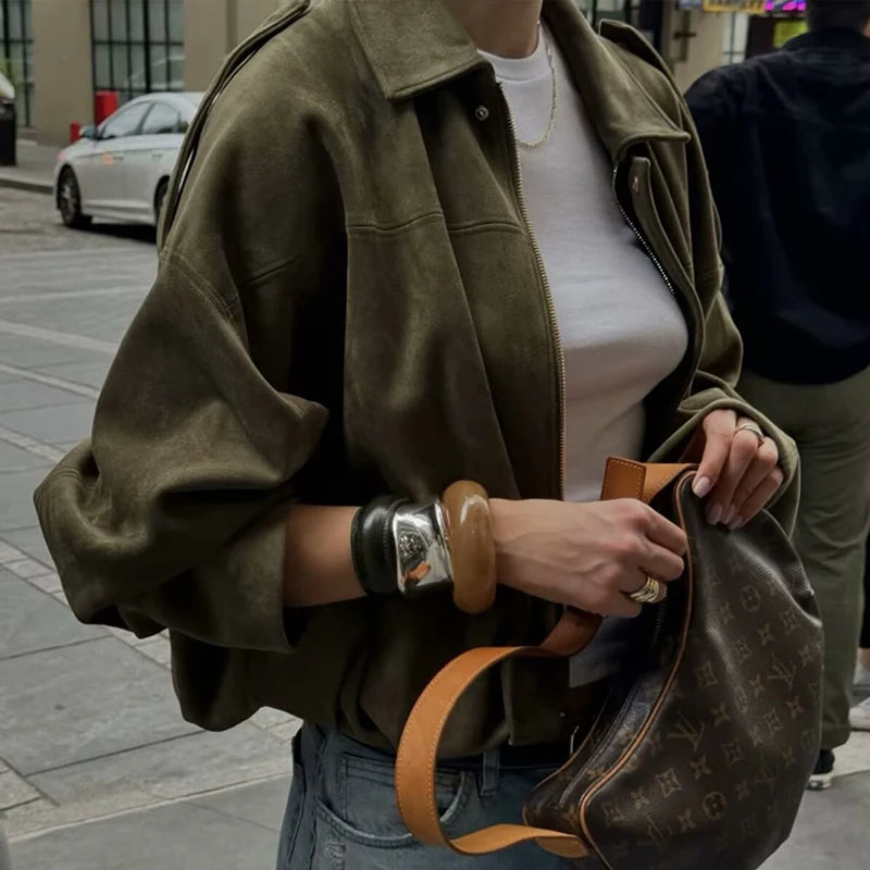 Áo khoác da lộn nữ TFMLN Thu Đông 2025 thời trang mới tay dài có khóa kéo dáng rộng kiểu bomber thanh lịch phong cách thường ngày đường phố 