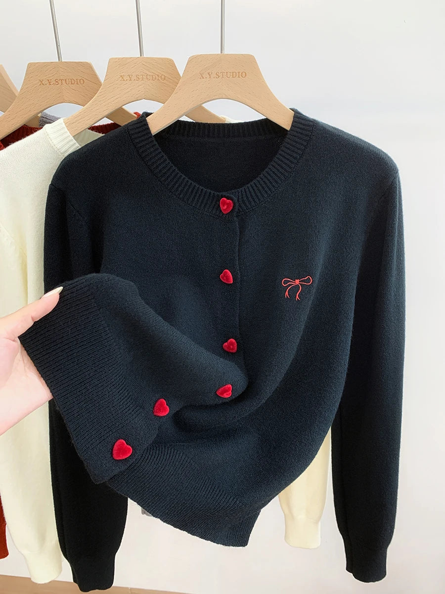 Women O-Neck Single Breasted Heart Button Sweater 2025 Bow Embroidery Knitted Cardigan Korean Casual Solid Tops Woman Clothes 45