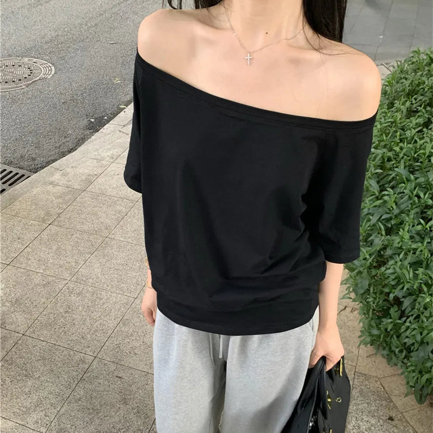 2025 Summer Off Shoulder T-shirt Women Sexy Y2K Korean Fashion Crop Tops Woman Vintage Japanese White Tee Shirt Femme Clothes