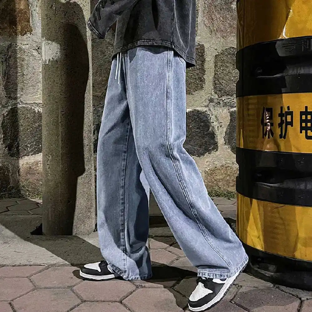 Fashion Men's Solid Color Drape Jeans Loose Straight Korean Vintage High Street Hip-hop Y2K Casual Daily Dragging Wide-leg Pants