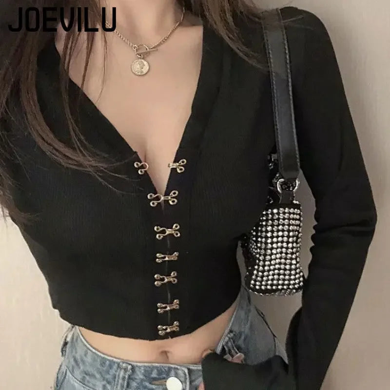 JOEVILU Chic Crop Tops Sexy V-neck Knitted Cardigan Spring and Autumn Long Sleeve T-shirt Women's Korean Y2k Top Gothic Clothes