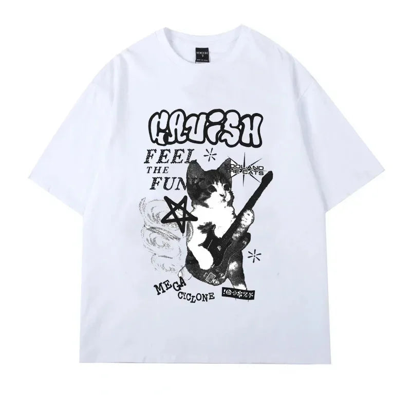 American Cat Rock Guitar Graphic Short Sleeve T-Shirt Loose Korean Fashion Oversized Women's Summer Clothes Y2k Streetwear