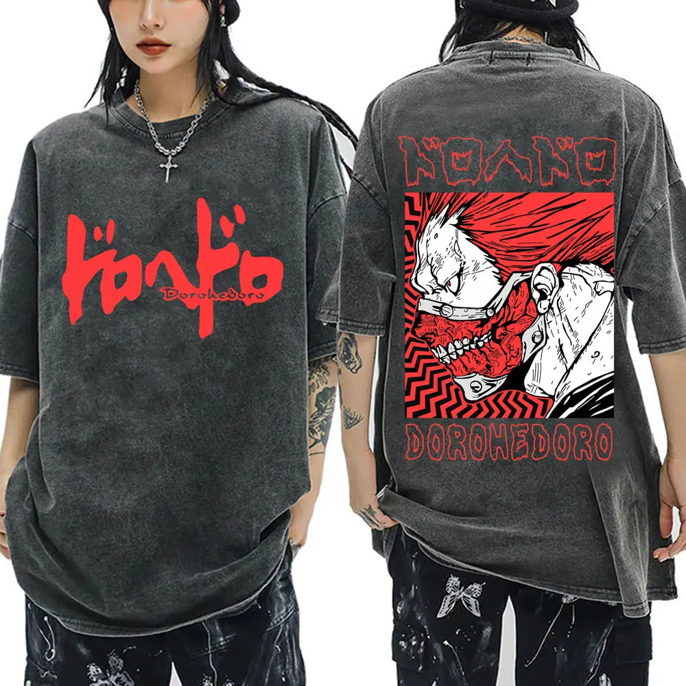 Japanese Anime Dorohedoro Kaiman Vintage Washed T-shirt Men Women Cool Manga Graphic T-shirts Gothic Horror Tee Shirt Oversized