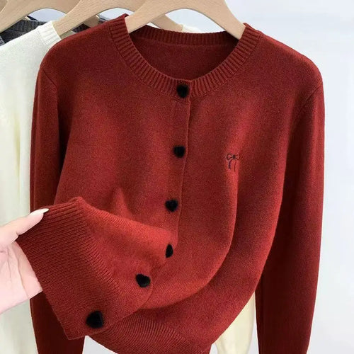 2025 Women Knitted Cardigan Bow Embroidery O-Neck Single Breasted Heart-shaped Button Sweater Korean Casual Solid Knitting Tops