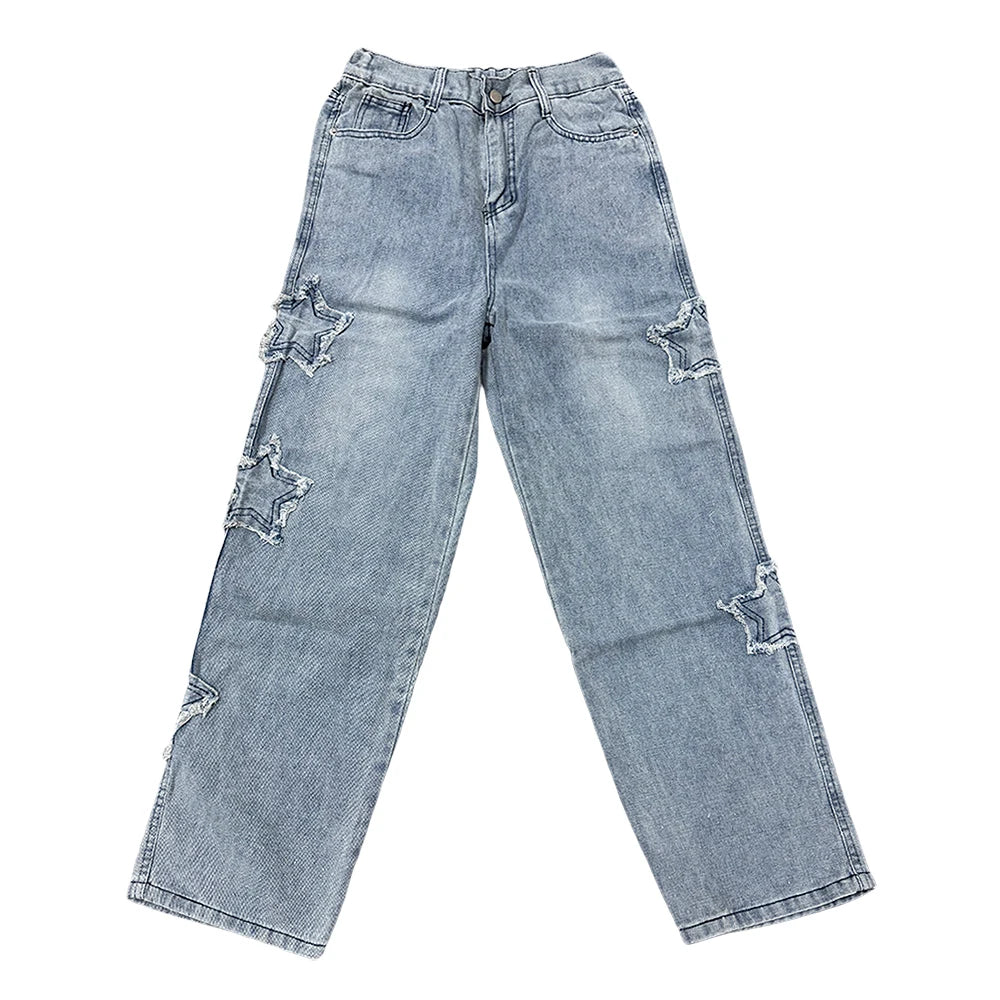 Quần jeans nam họa tiết ngôi sao phối nhiều mảnh, kiểu dáng thời trang mới Y2K, có tua rua, phong cách Hàn Quốc, ống thẳng, hip hop, phối màu, thời trang đường phố nam. 