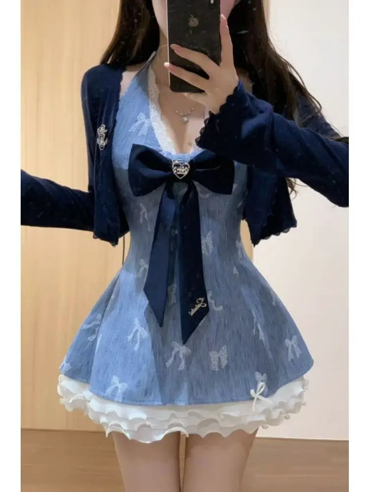 Y2k Aesthetic Retro Sweet 2 Piece Set Women Vintage Halter Neck Dress +Long Sleeve Cardigan Harajuku Chic Korean Popular Clothes