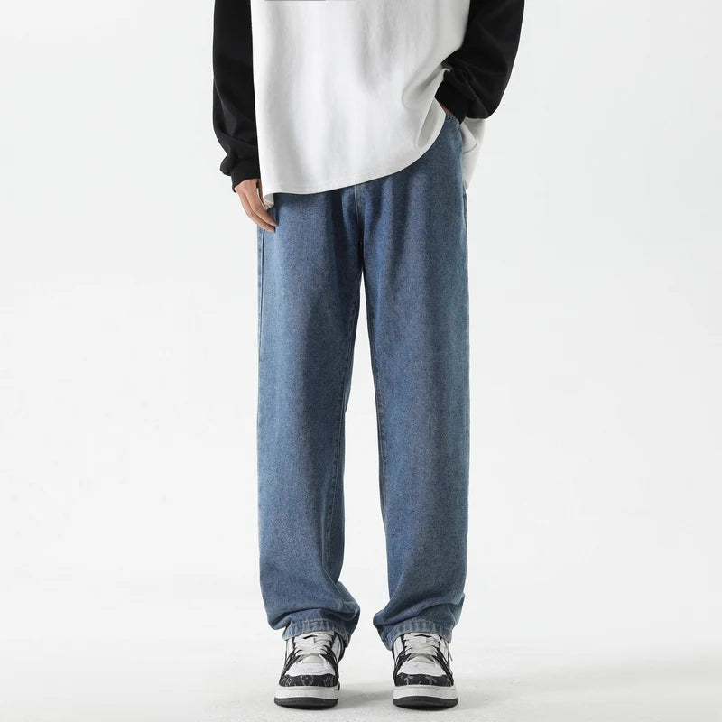 Korean Solid Colors Men's Casual Long Jeans Classic Man Four Seasons Straight Denim Wide-leg Pants Light Blue Grey Black 3XL