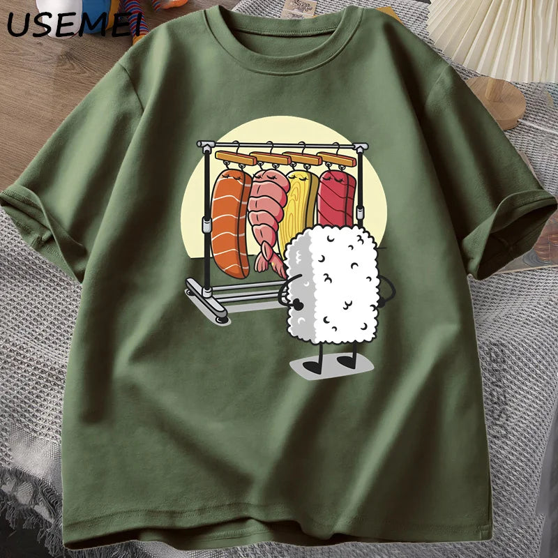 Áo thun Sushi Wardrobe dành cho nữ và nam, áo thun in hình ngộ nghĩnh chất lượng cao, chất liệu cotton, dáng rộng, tay ngắn, in họa tiết, áo nam. 
