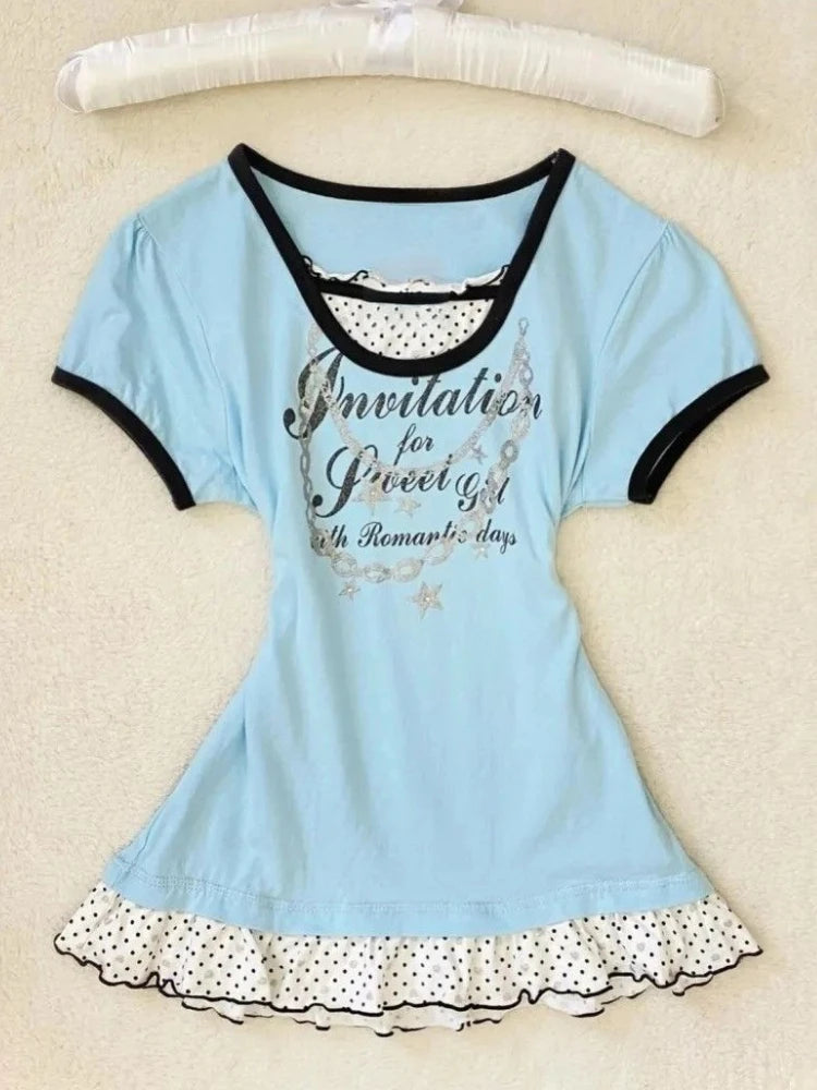 2025 Ropa Mujer T-Shirts Women Clothes Short Sleeve Lace O-neck Sweet Tees Fashion Casual Summer Tshirt Korean Camisetas Kawaii