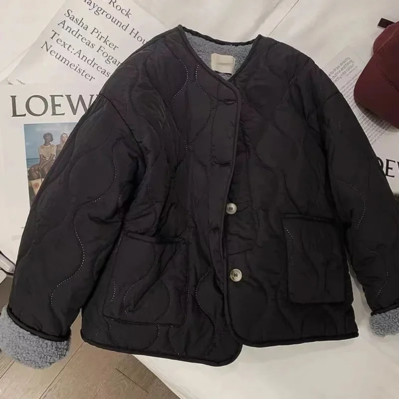 Korean version of pink lambswool cotton-padded clothes women's winter new thick round neck lambswool coat cotton-padded jacket