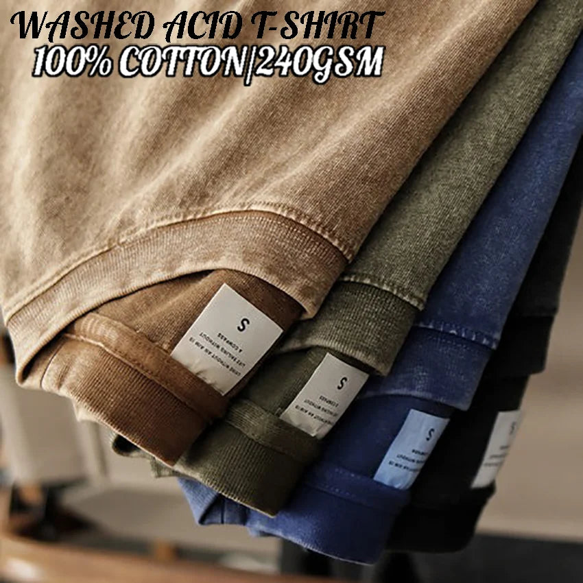 240G High Quality Men T-Shirts Oversized Korean Y2k Short Sleeve Washed T Street Retro Vintage Solid Cotton Hip Hop Punk Clothes