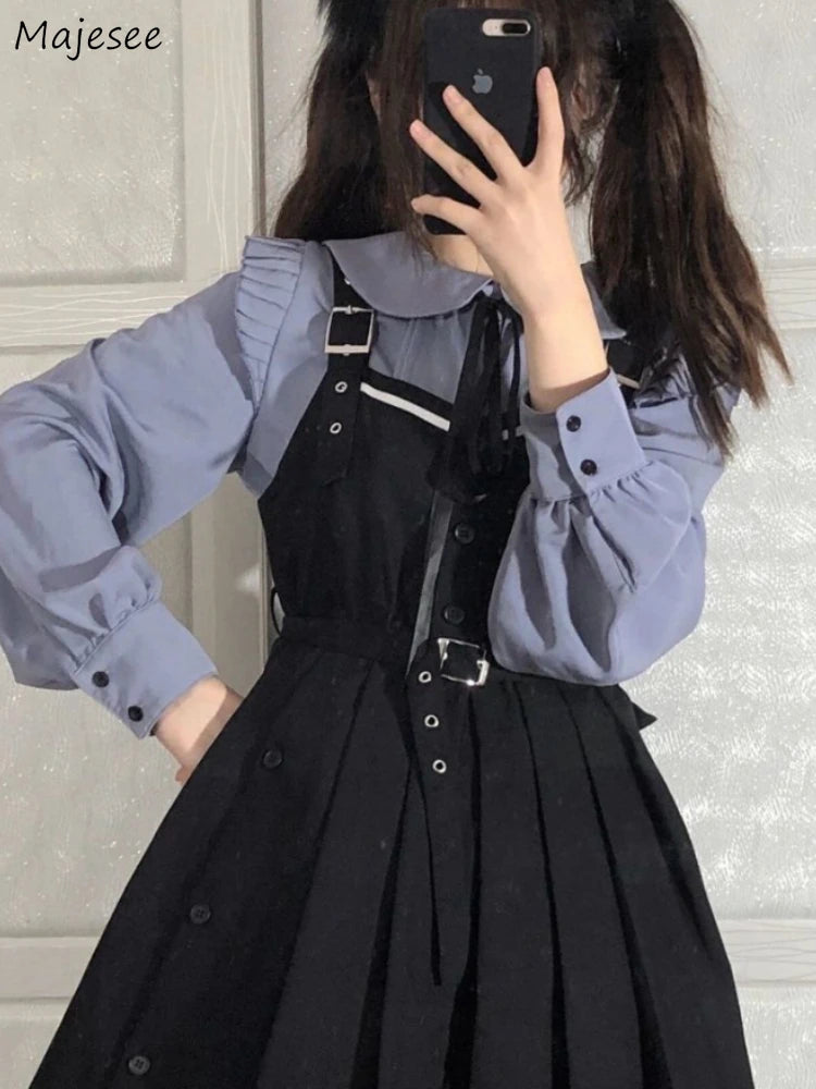 Dress Sets Women Long Sleeve High Waist Patchwork Spring A-line Korean Style Lovely All-match Design Aesthetic Clothes Y2k Chic