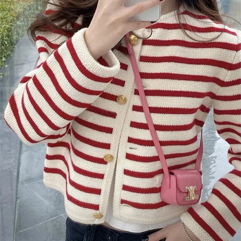 AOSSVIAO New 2025 Women Spring Autumn Sweaters O-neck Stripe Knitted Cardigan Fashion Long Sleeve Casual Short Tops Korean Style