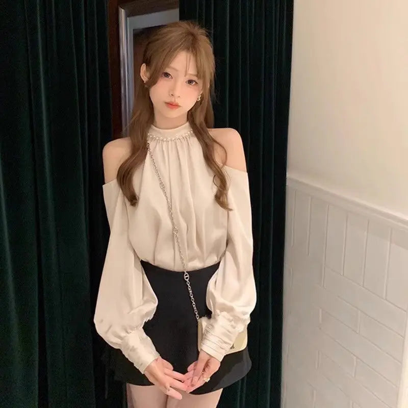 Áo kiểu nữ mùa xuân ngọt ngào, cổ tròn, tay dài, trễ vai, kiểu dáng thanh lịch, thời trang Hàn Quốc. 