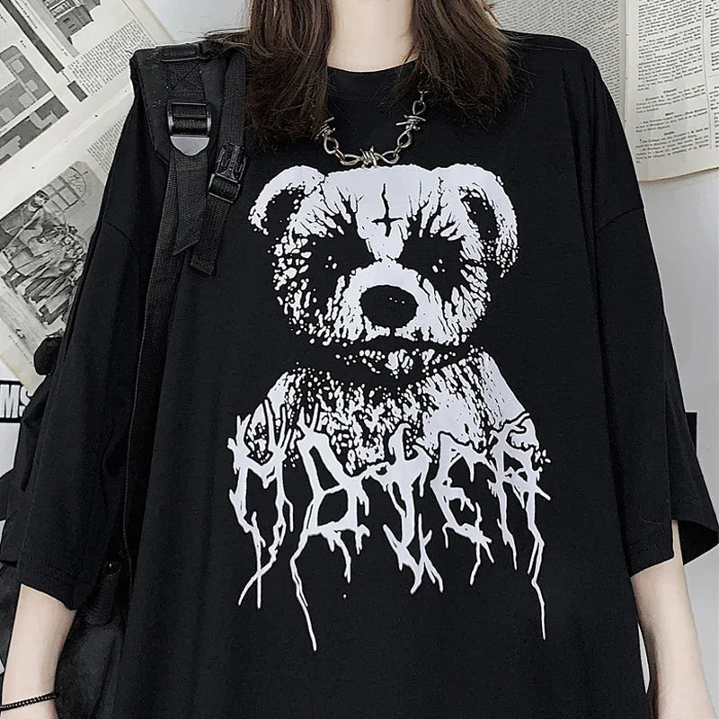 Women's T-shirt Harajuku Y2K Top Oversized T Shirt Retro Korean Style Black Demon Punk Gothic Anime Print Clothes Streetwear