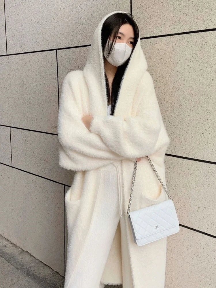 white Long Cardigan for women 2025 new winter clothes Knitted fluffy long sleeve Cashmere sweater coat korean style warm vintage
