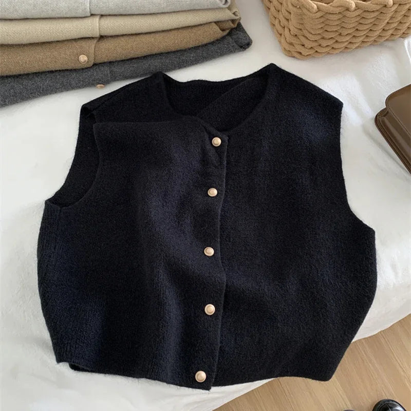 Women Sweater Vest Gold Button Up Waistcoat Soft Knitted Sleeveless Cardigan Jacket Top Fall Winter Korean Ladies Chic Outfit