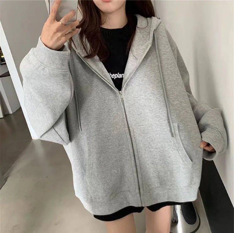 Oversize Women's Sweatshirts Autumn Casual Korean Long Sleeve Hooded Zip-up Y2k Hoodies Streetwear Harajuku Female Clothes Black