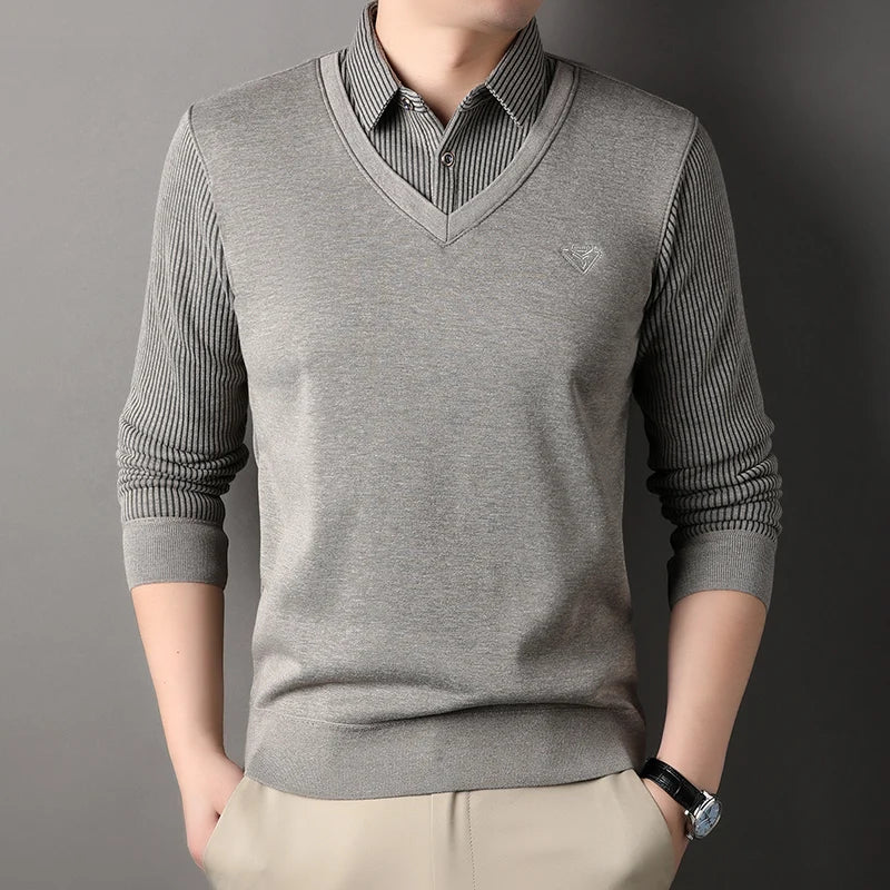 New Autumn Men's Polo Collar Shirts Fashion Knitting Pullovers Striped Thick Polo Shirts Slim Fit Korean Mens Top Clothes