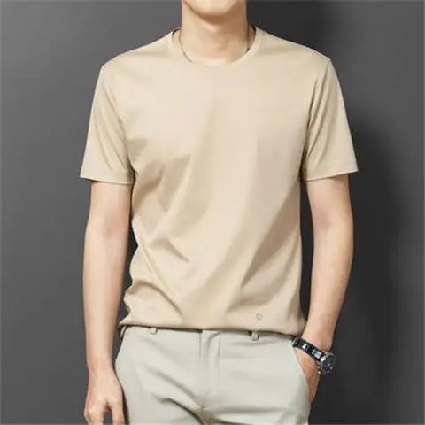 Oversize 5XL Men's Summer Clothes 2023 Ice Silk T-Shirt Soft Loose Short-Sleeve Korean Round Neck Solid Color Base Shirt