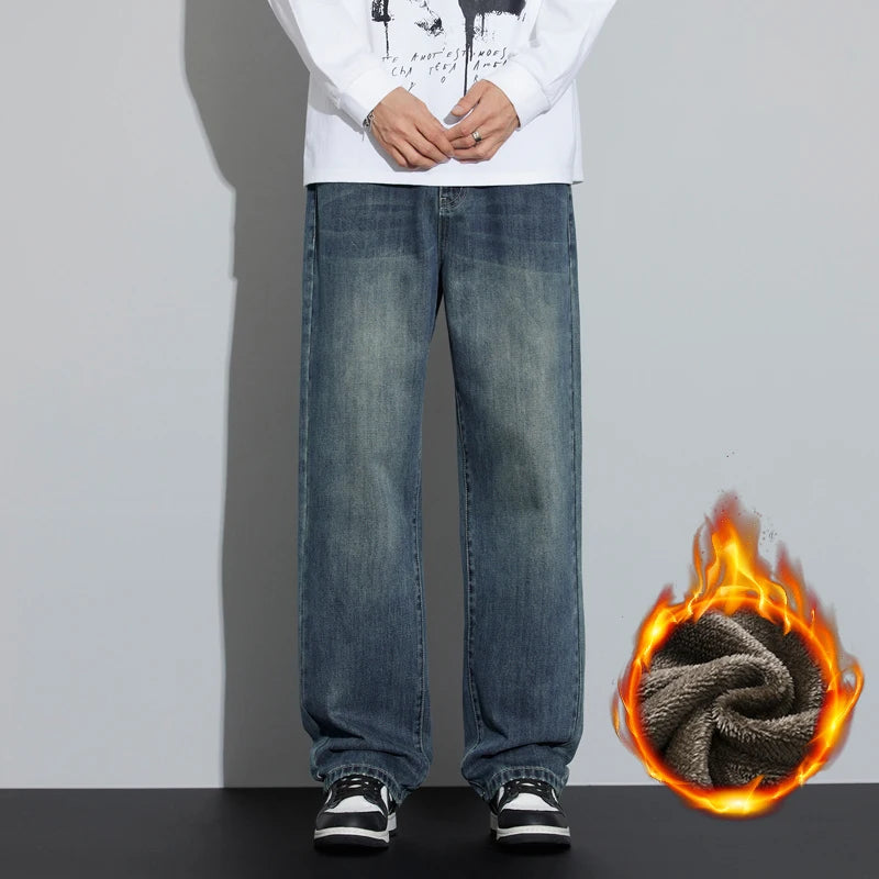 Korean Wide Legs Fleece Jeans Men's Winter Warm Thickened Velvet Loose Straight Casual Denim Pants Korean Fashion Trousers