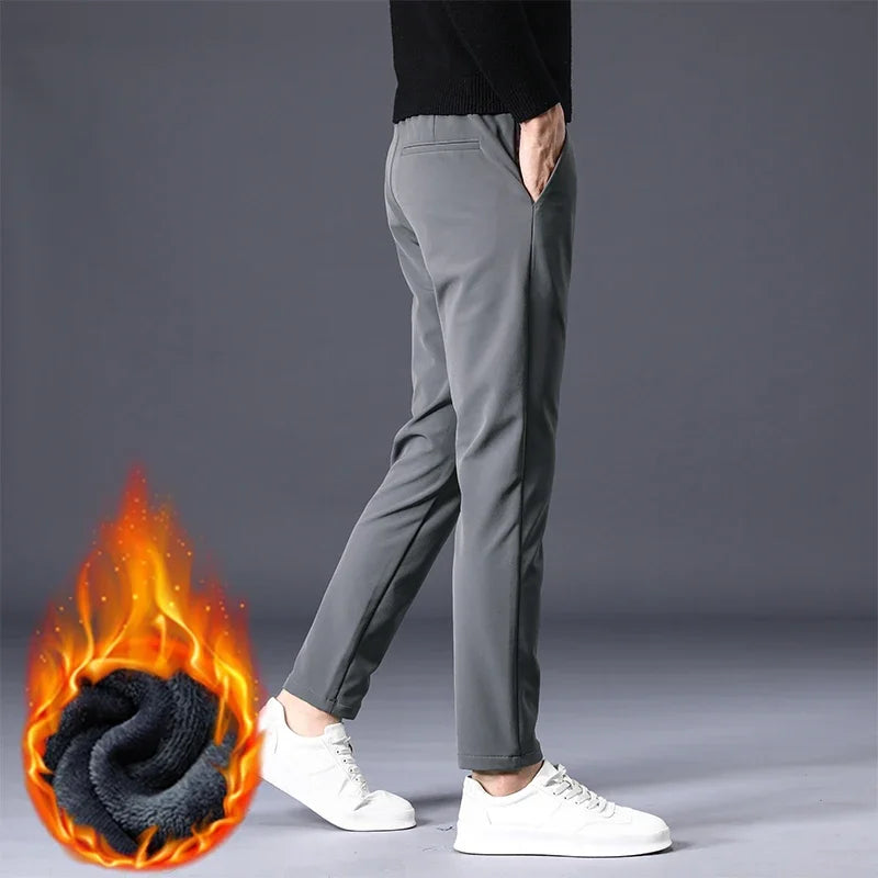 Winter Warm Fleece Men's Business Casual Pants Stretch Slim Fashion Korean Thermal Trousers Classic Simple Male Plush Clothes