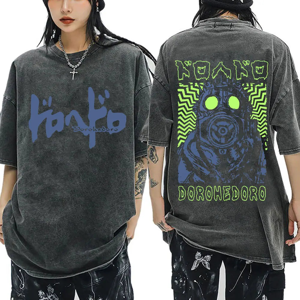 Japanese Anime Dorohedoro Kaiman Vintage Washed T-shirt Men Women Cool Manga Graphic T-shirts Gothic Horror Tee Shirt Oversized
