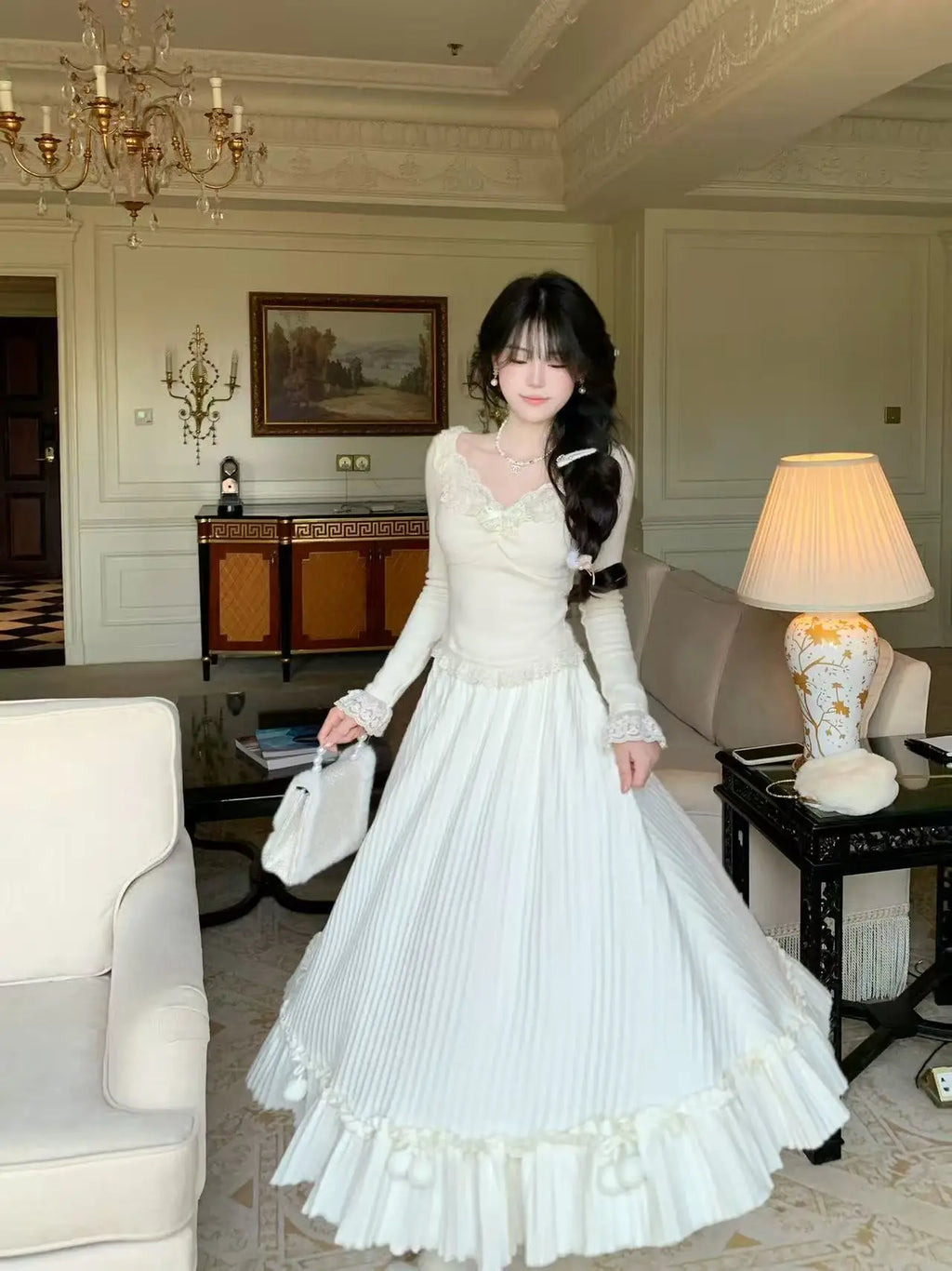 Winter Sweet Elegant Knit 2 Peice Sets Woman Y2k Sexy Lace Design Cute Warm Sweater Suit Feamale Princess Korean Popular Clothes