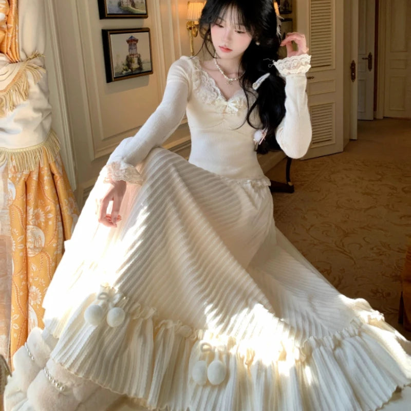 Winter Sweet Elegant Knit 2 Peice Sets Woman Y2k Sexy Lace Design Cute Warm Sweater Suit Feamale Princess Korean Popular Clothes