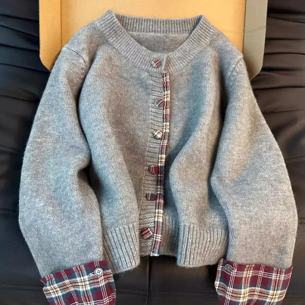 Korean fake two-piece round neck stitching plaid sweater women's autumn and winter clothes new loose casual Joker cardigan top