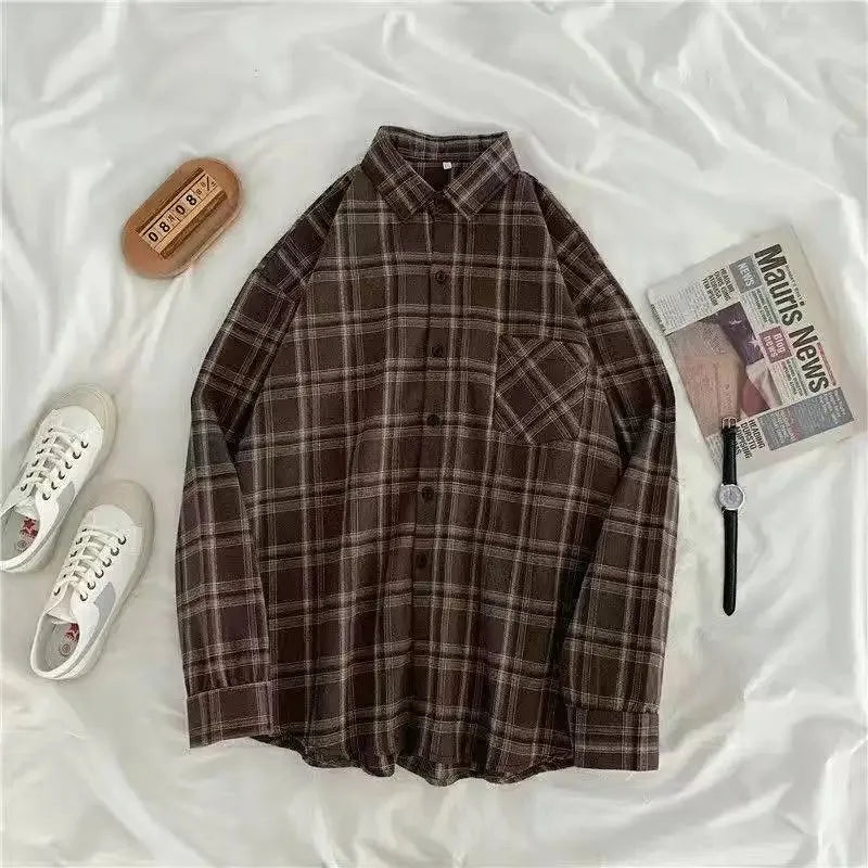 Vintage Plaid Shirts Women Autumn Long Sleeve Oversize Button Up Shirt Korean Fashion Casual Fall Outwear Tops Blusas Mujer