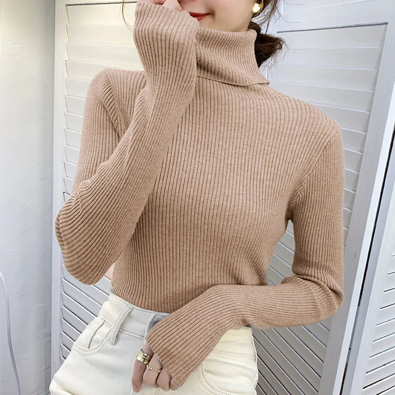 Autumn and winter new Korean slim fit women's pullover sweater knitted sweater pull up women's high neck sweater women