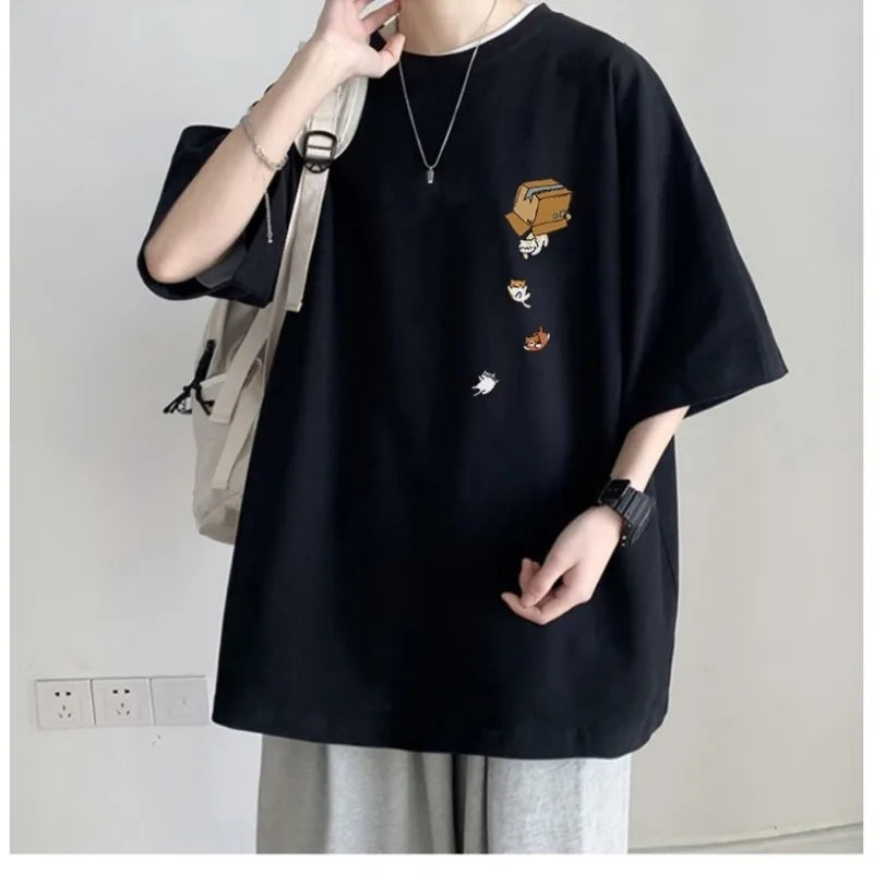 M-8XL Men Oversized Korean Fashion Loose American Vintage Carton Kitten Print Short Sleeve Versatile Trend Couple Outfit