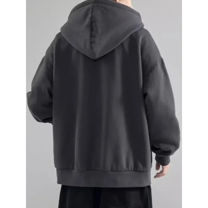 Male Clothes Black Solid Sweatshirt For Men Full Zip Up Hooded Hoodies Winter Young On Sale Offers High Quality Korean Style S