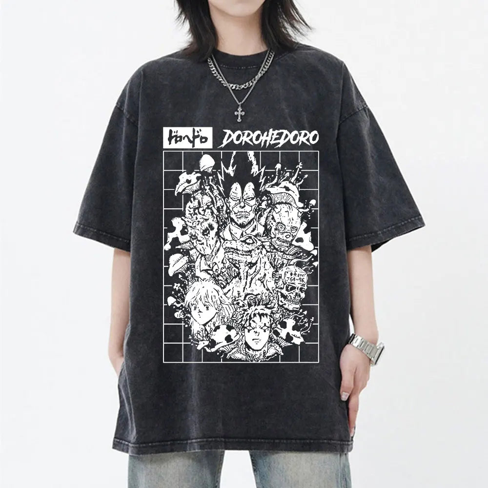 Japanese Anime Dorohedoro Kaiman Vintage Washed T-shirt Men Women Cool Manga Graphic T-shirts Gothic Horror Tee Shirt Oversized