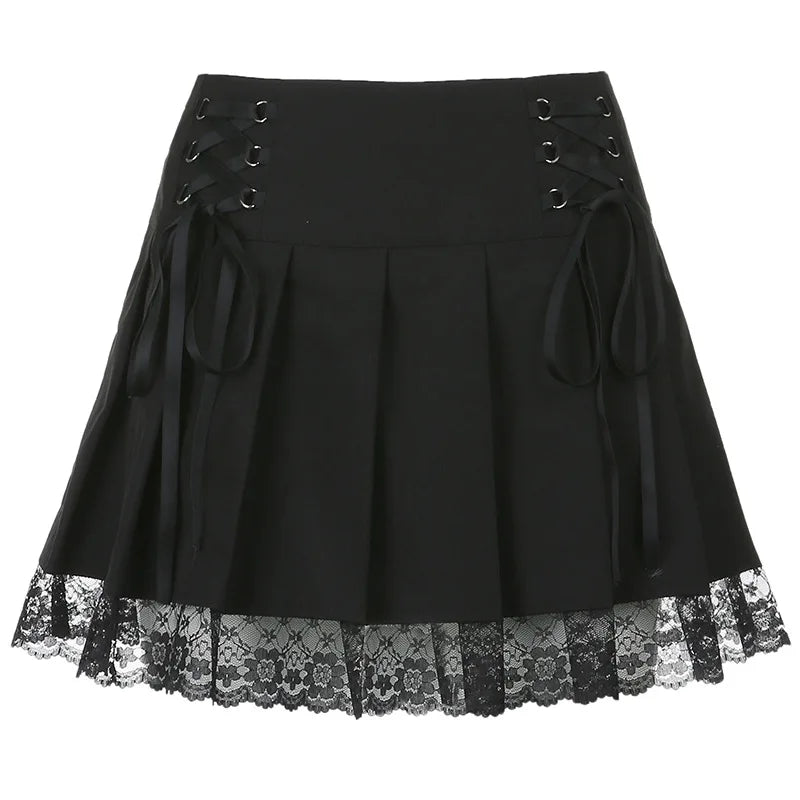 Goth Mall Gothic Pleated Mini Skirts Women Vintage Harajuku Emo Alt Clothes High Waist Lace Ruffles Skirt Harajuku Korean Style
