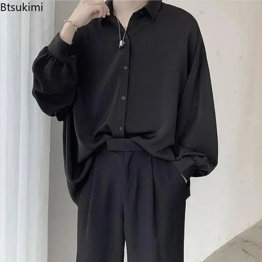 Men's Korean Style Long Sleeve Shirts Black Tie Cozy Casual Solid Oversize Blouses Breathable Loose Shirt Harajuku Male Clothes