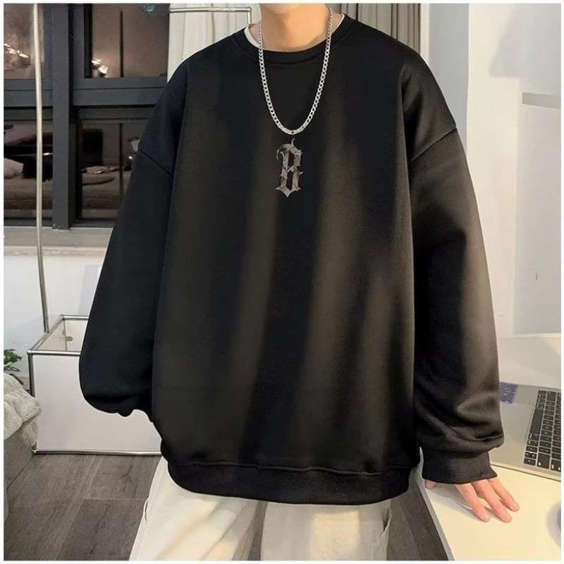 M-8XL Autumn Men Pullover Hoodie Oversized Sweatshirt Korean Fashion Loose Letter Print Long Sleeve Plus Velvet Couple Clothes