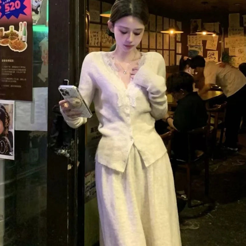 Korean Lace Long-sleeved Knitted Top Cardigan Casual Autumn Fashion French Elegant Tops Skirts Two-piece Suit Women's Clothes